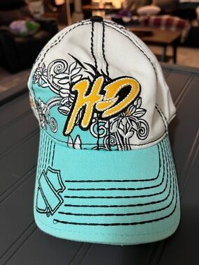 Harley-Davidson White Cap with Yellow Embroidered Logo and Teal Strap